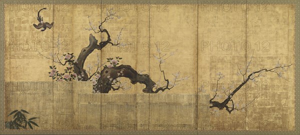 Blossoming Plum and Camellia in a Garden Landscape, Edo period, late 16th-early 17th century. Creator: Kano Koi.