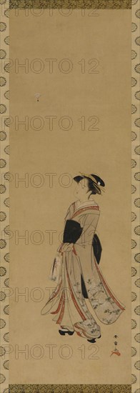 A girl playing battledore and shuttlecock, Edo period, 18th century. Creator: Shunsho.