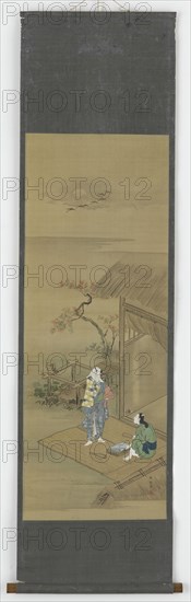Two peasant girls beating cloth outside a house, Edo period, 18th century. Creator: Shunsho.