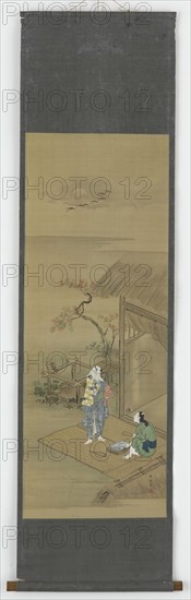 Two peasant girls beating cloth outside a house, Edo period, 18th century. Creator: Shunsho.