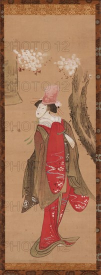 A dancer, Kiyohime, a cherry tree and the bell of Dojo-ji, late 18th-early 19th century. Creator: Hokusai.