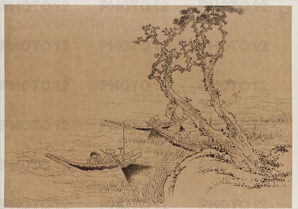 Landscape: figures fishing from boats, late 18th-early 19th century. Creator: Hokusai.