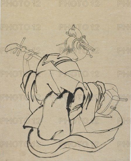 Woman with back to observer playing samisen, late 18th-early 19th century. Creator: Hokusai.