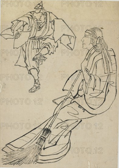 Old woman seated on bench before whom a man with fan dances, late 18th-early 19th century. Creator: Hokusai.