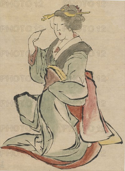Woman facing the right, beckoning, late 18th-early 19th century. Creator: Hokusai.