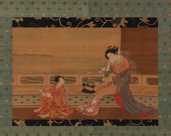 Two girls on a balcony overlooking the sea, Edo period, 1739-1820. Creator: Kitao Shigemasa.