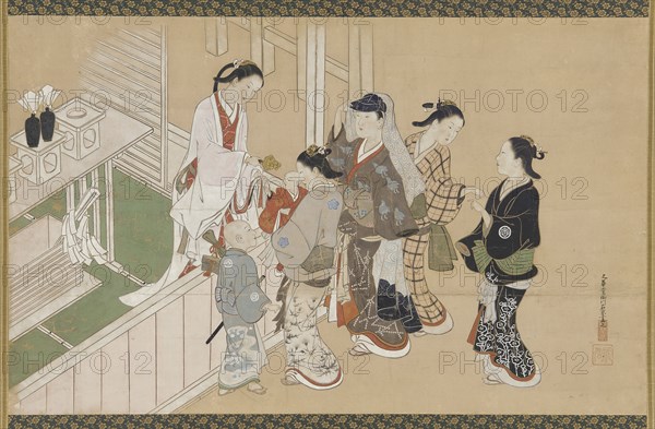 Infant's first visit to a Shinto shrine, Edo period, late 17th-early 18th century. Creator: Nishikawa Sukenobu.