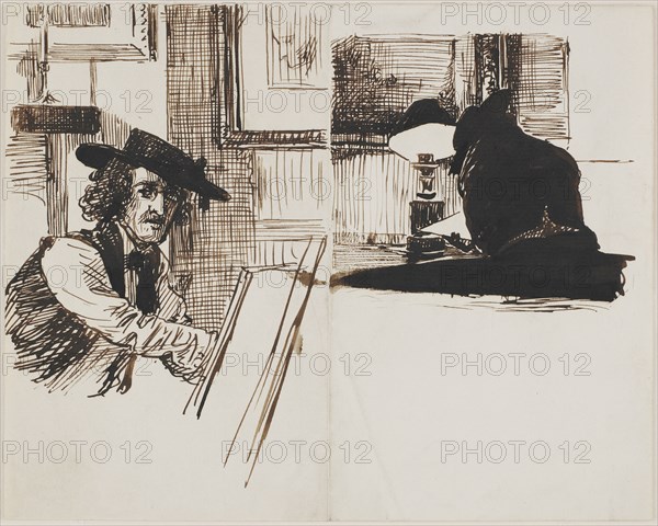 Whistler drawing Poynter; back view of a man seated at a table near a lighted lamp, 1860. Creator: Edward John Poynter.