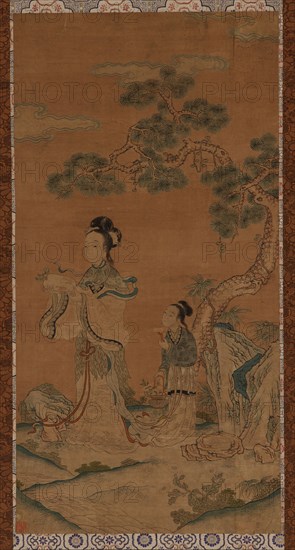 Tapestry: a Daoist female Immortal and attendant under a pine, Ming dynasty, 1368-1644. Creator: Unknown.