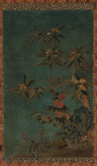 Tapestry: fruit trees and hollyhocks, Ming dynasty, 1368-1644. Creator: Unknown.