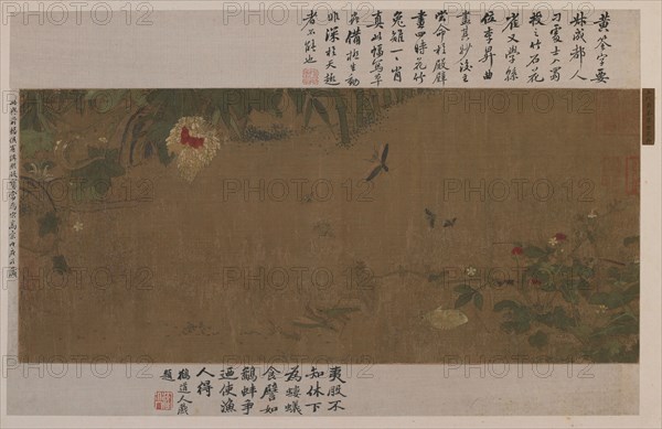 A garden-piece: flowers, fighting grasshoppers, ants and other insects, Ming dynasty, 1368-1644. Creator: Unknown.