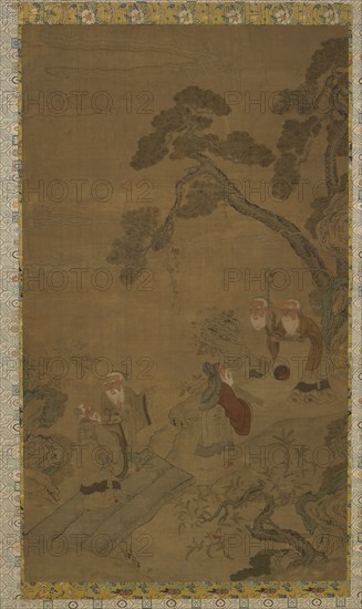Tapestry: five sages in a garden under pines, Ming dynasty to Qing dynasty, 1368-1911. Creator: Unknown.