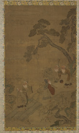 Tapestry: five sages in a garden under pines, Ming dynasty to Qing dynasty, 1368-1911. Creator: Unknown.
