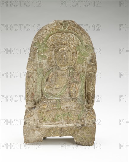 Seated Buddha (Shakyamuni) with bodhisattvas, monks, and lions, Period of Division, 549 CE. Creator: Unknown.