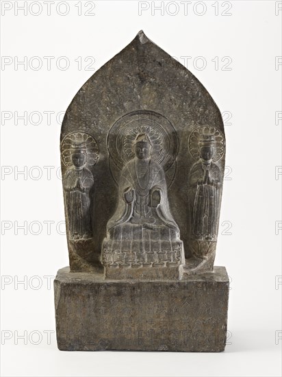 Seated Buddha (Shakyamuni) with standing bodhisattvas, Period of Division, Dated 549 CE. Creator: Unknown.