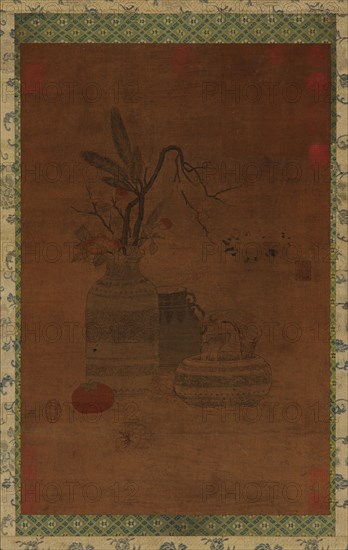 Tapestry: a bowl, two jars, flowers, and fruit, Possibly Ming dynasty, 1368-1644. Creator: Unknown.