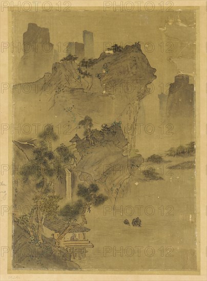 Landscape: cliffs overhanging water - pavilion and pines, Possibly Ming dynasty, 1368-1644. Creator: Unknown.