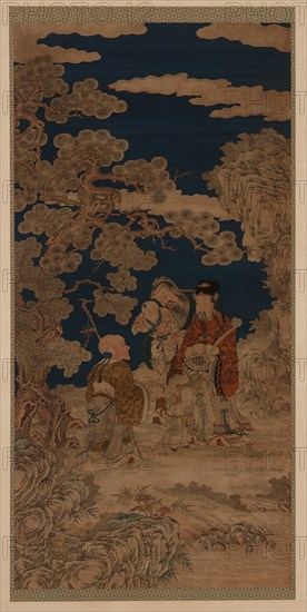 Weft-woven tapestry (kesi): Three Star Gods and Joy Personified..., Qing dynasty, 18th century. Creator: Unknown.