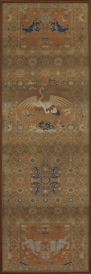 Chair cover with a crane, lions, dragons, auspicious symbols..., Qing dynasty, 18th century. Creator: Unknown.