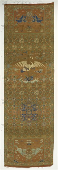 Chair cover with a crane, lions, dragons, auspicious symbols and floral..., Qing dynasty, 18th cent. Creator: Unknown.