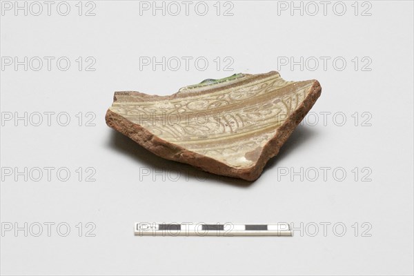 Sherd, red body, white slip, green glaze, Mamluk period, 1250-1517. Creator: Unknown.