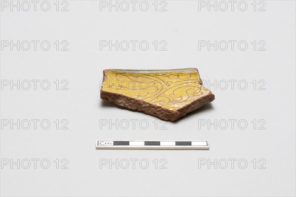 sherd, red body, white slip, yellow glaze, Mamluk period, 1250-1517. Creator: Unknown.