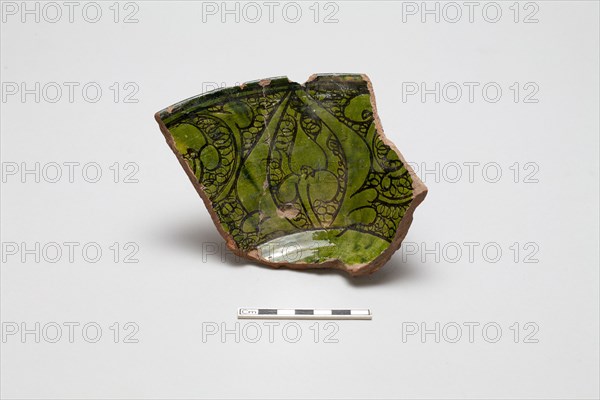 sherd, red body, white slip, green glaze, Mamluk period, 1250-1516. Creator: Unknown.