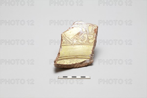 sherd, red body, white slip, yellow-green glaze, Mamluk period, 1250-1516. Creator: Unknown.