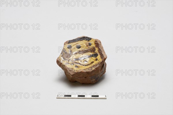 sherd, red body, white slip, yellow glaze with brown stain, Mamluk period, 1250-1516. Creator: Unknown.