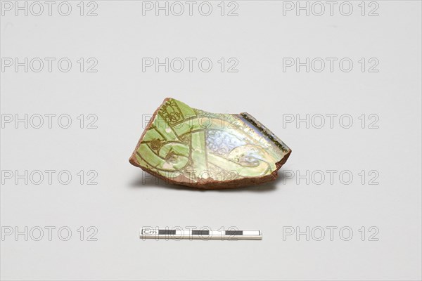 sherd, red body, white slip, green glaze, Mamluk period, 1250-1516. Creator: Unknown.