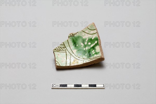 sherd, red body, white slip, green glaze, Mamluk period, 1250-1516. Creator: Unknown.