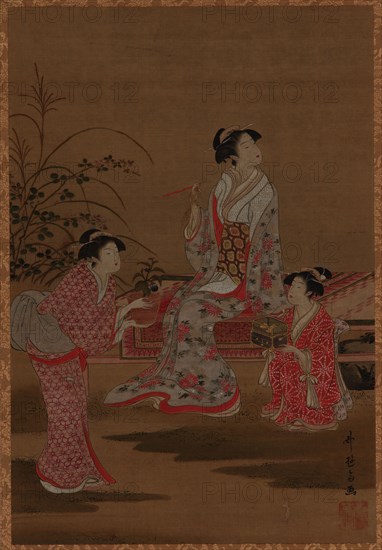 Young woman, with two girl attendants, seated in a garden, Edo period, 1615-1868. Creator: Unknown.