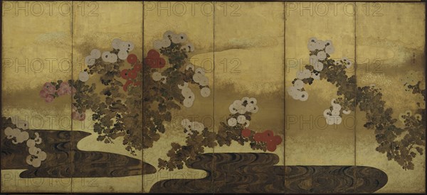 Chrysanthemums beside a stream, Edo period, 19th century. Creator: Unknown.