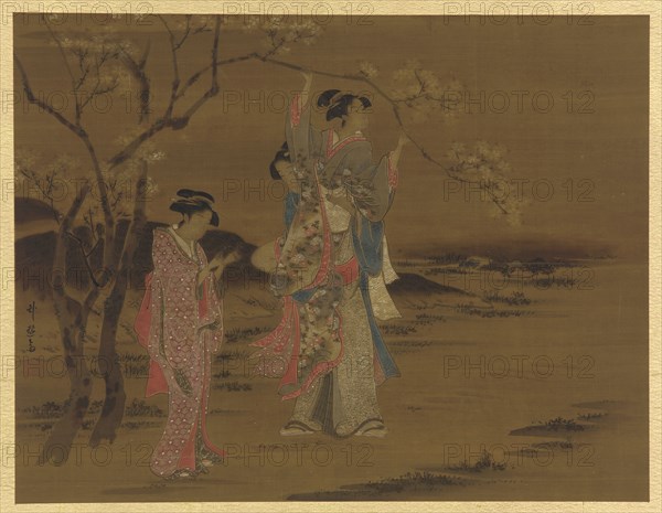Two girls and a man under a cherry tree, Edo period, 1615-1868. Creator: Unknown.