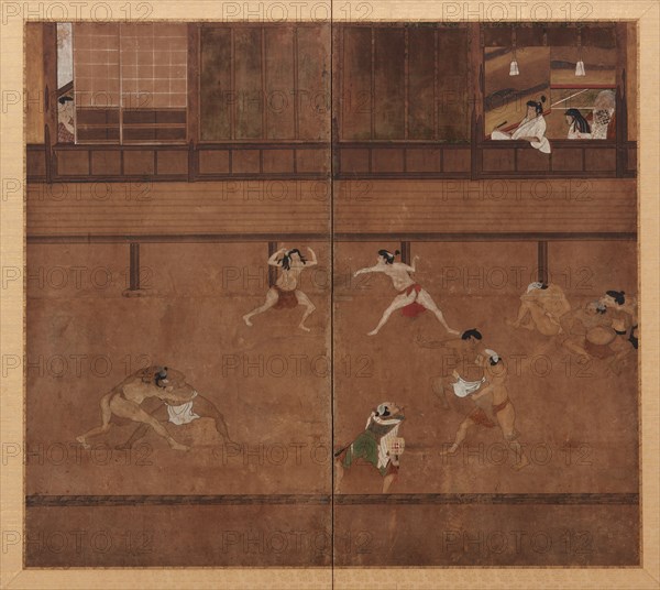 Two-panel screen depicting wrestlers, Edo period, 17th century. Creator: Unknown.