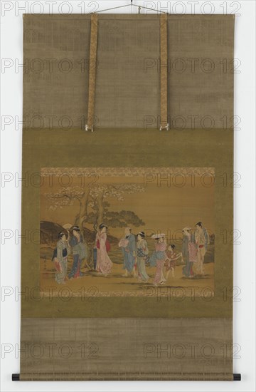 Nine people out to see cherry blossoms, Edo period, 1615-1868. Creator: Unknown.