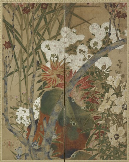 Rock, saplings and autumn flowers, Edo period, 18th century. Creator: Unknown.