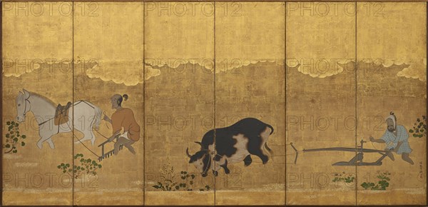 Two farmers ploughing and harrowing a rice field, Edo period, 1615-1868. Creator: Unknown.