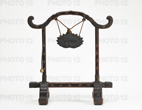 Frame for a gong with a bronze gong suspended by a cord; mallet hanging, Edo period, 1615-1868. Creator: Unknown.