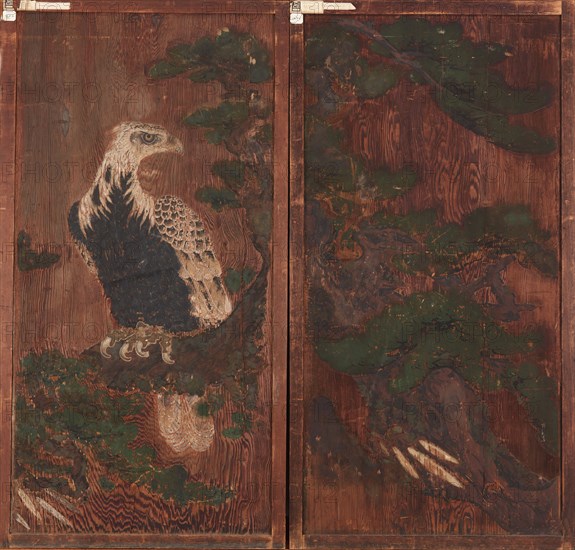 Pair of doors with eagle on a pinetree on one side..., Momoyama period, (17th century?). Creator: Unknown.
