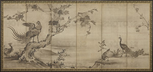Birds, flowers, and trees: on the back, bamboo trees, Momoyama period, 1568-1615. Creator: Unknown.