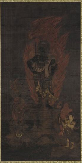 Fudo Myo 'o, with attendants Kongara and Seitaka, Muromachi period, 14th-15th century. Creator: Unknown.