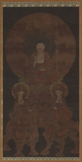 Historical Buddha Shakyamuni with the bodhisattvas Fugen..., Muromachi period, 15th century. Creator: Unknown.