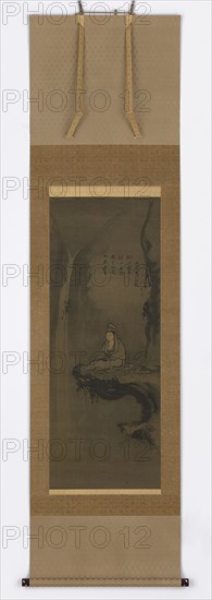 Guanyin, white robed, seated upon an over-hanging rock, Muromachi period, 15th century. Creator: Unknown.