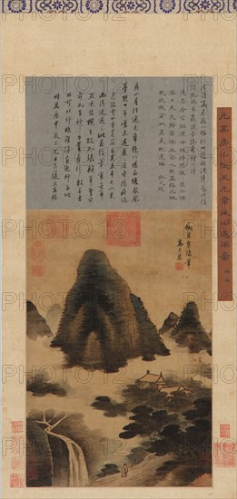 A Mountain landscape: mists and waterfall; buildings among trees, Ming dynasty, 16th-17th century. Creator: Unknown.