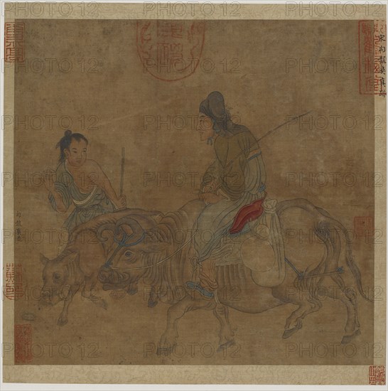 Old woman on ox, with herd-boy and calf, Possibly Ming dynasty, 1368-1644. Creator: Unknown.