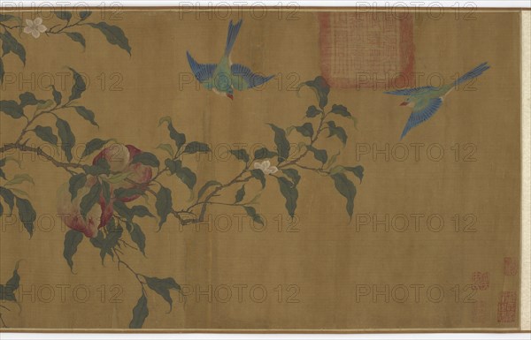 Birds among peach branches, Qing dynasty, (18th century?). Creator: Unknown.