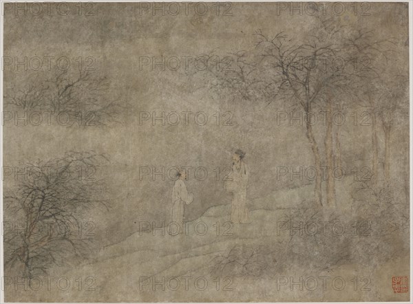 Two men walking in misty grove, Ming dynasty, 1368-1644. Creator: Unknown.