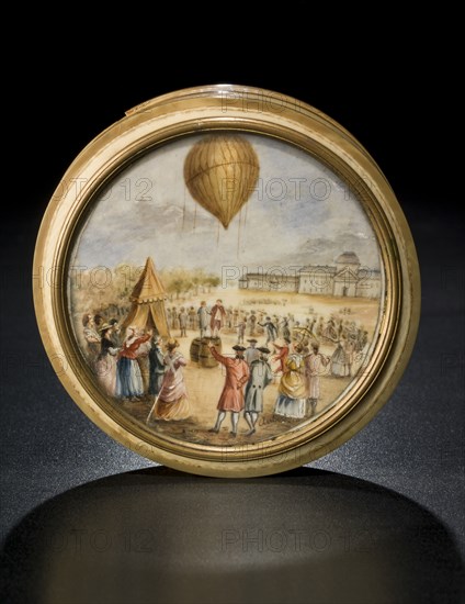 Snuff box with ballooning scene, late 18th century. Creator: Aubert.