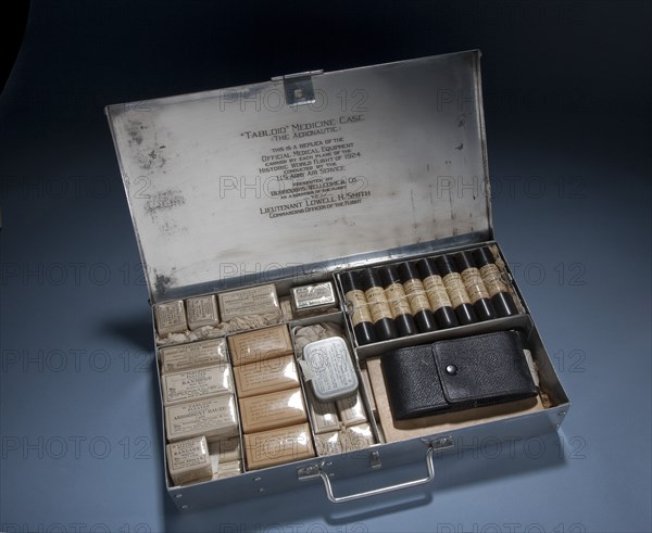 Medical kit carried aboard the Douglas World Cruiser by Lt. Lowell Smith, c. 1924.. Creator: Unknown.
